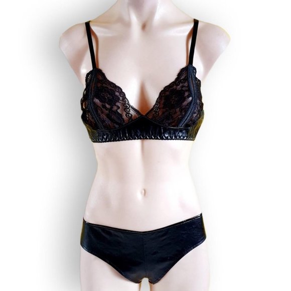 Black stretch lace + PVC two piece lingerie bra /bralette + underwear set OS - Picture 2 of 5